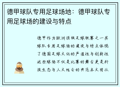 德甲球队专用足球场地：德甲球队专用足球场的建设与特点