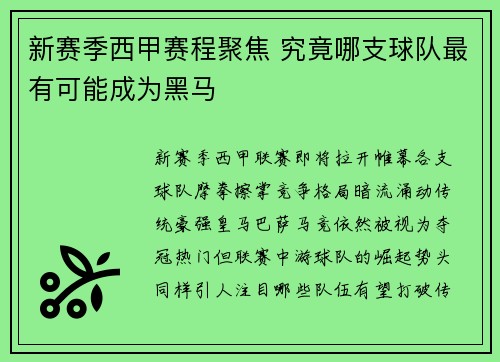 新赛季西甲赛程聚焦 究竟哪支球队最有可能成为黑马