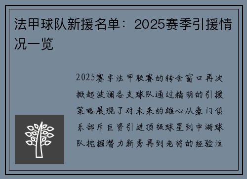 法甲球队新援名单：2025赛季引援情况一览